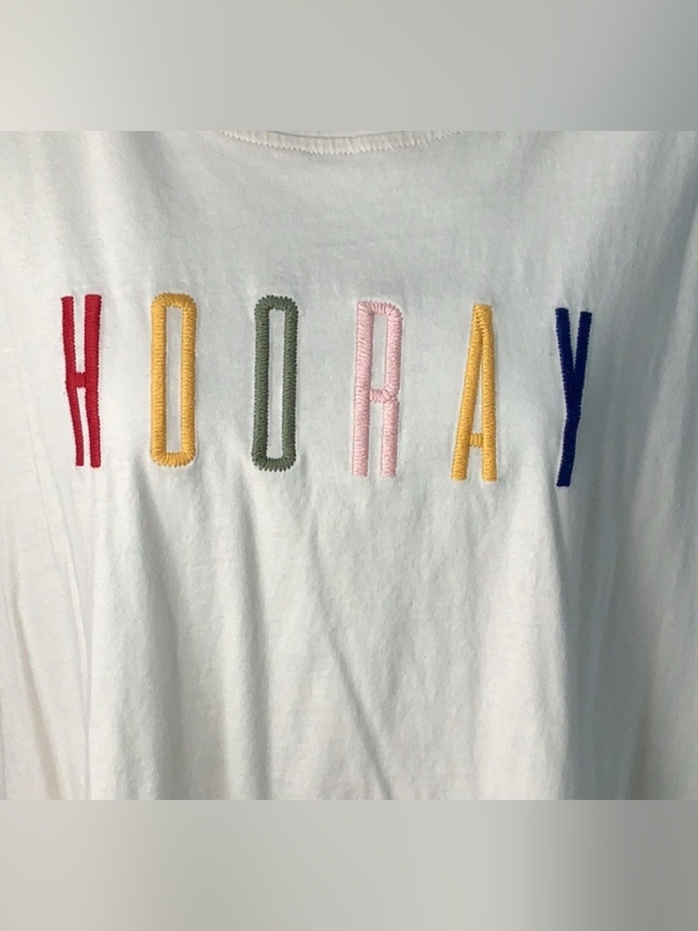 XL HOORAY Top Embroidered T-Shirt Cream Colored Ladies Spirit Shirt Joy Blouse